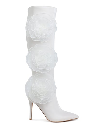 Buy Sheer Big Rose Detail Long Boots in White in UAE