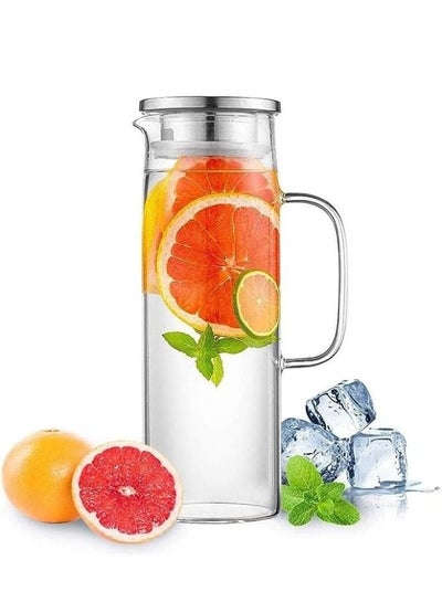 Buy Glass Pitcher with Handle and Lid Handmade Glass Water Jug for Hot/Cold Water, Ice Lemon Tea and Juice Beverage 1000ml clear in Egypt