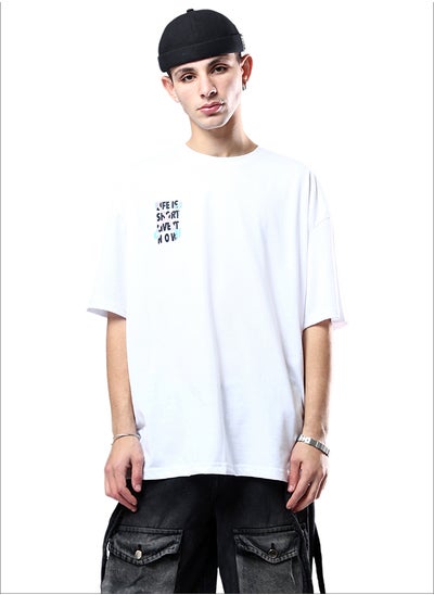 Buy Cotton Printed Relaxed White Tee with Crew Neck in Egypt