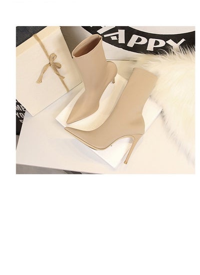 اشتري European And American Simple Women's Boots Slim Heel Pedicure Thin Pointed Lycra Elastic Ankle Boots Beige في الامارات