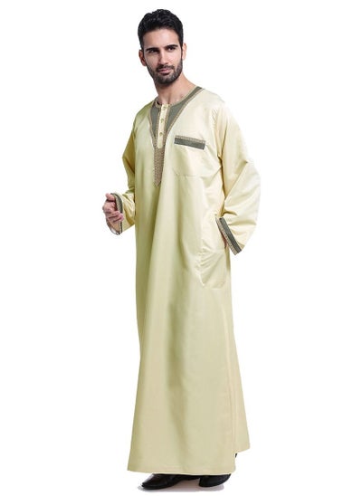 Buy Men's Muslim Arab Long Sleeve Kaftan Middle Eastern Man Kandora Thobe Thawb Pale Yellow in Saudi Arabia