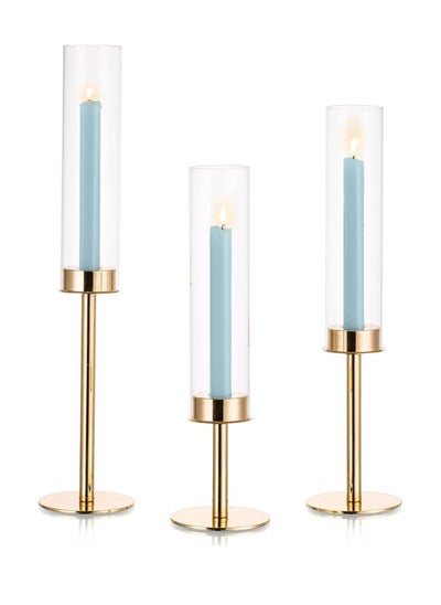 اشتري Gold Candle Holders for Candlesticks - Taper Candle Holders with Removable Glass, Tall Brass Candlestick Holders, Candle Stand Candle Sticks Long Holder for Table Centerpiece, Home, 3Pcs في السعودية