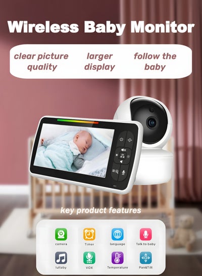 Buy Wireless Video Baby Monitor With 360° Camera 5" IPS Screen 3000mAh Battery Baby phone with Night Vision Audio Card Slot Baby Tracking Monitor Monitors in Saudi Arabia