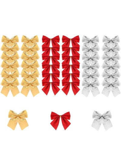 اشتري Christmas Ribbon Bows Ornaments Mini Xmas Tree Bowknot Decoration Velvet Ribbon Bows Glitter Bow Xmas Tree Hanging Ornaments for Wreaths Gift Wrapping Supplies, Red/Gold/Silver في الامارات