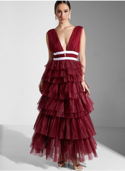 Buy Plunge Front Tulle Layered Maxi Dress in UAE