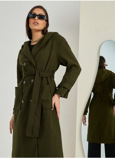 Buy Regular Fit Wool Like Hooded Double Breasted Coat with Belt in Saudi Arabia