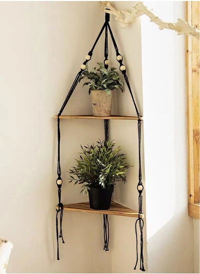 اشتري 1-Piece Wooden Hanging Storage Rack Minimalist Double Layer Woven Storage Rack Black/Brown 95x32.5 cm في الامارات