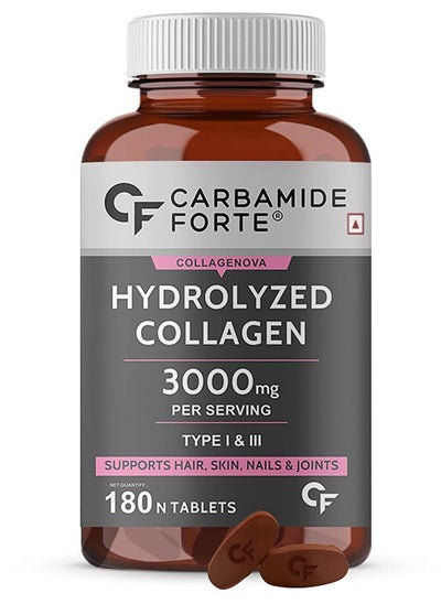 Buy Carbamide Forte Hydrolyzed Collagen Peptides, 180 Tablets | 3000mg with Type 1 & 3 Collagen Powder in UAE