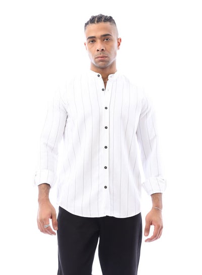 Buy Mandarin Collar White Striped Linen Shirt in Egypt