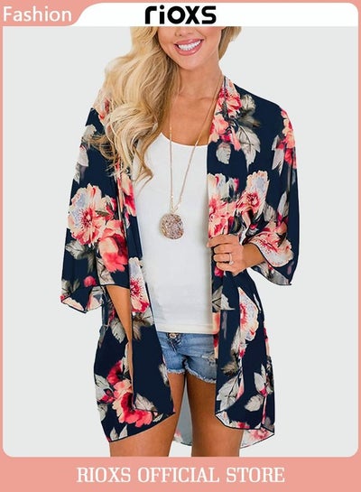 Buy Women Casual Floral Print Beach Cover Ups Short Sleeve Kimono Cardigan Loose Beach Swimsuit Dress in UAE