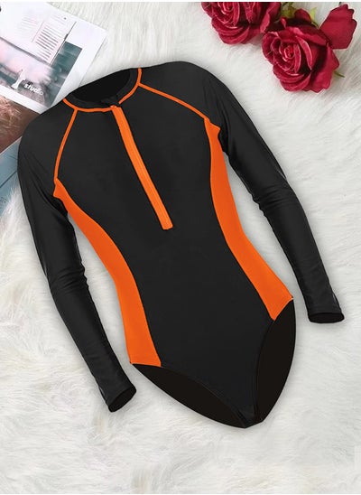 اشتري Large Size Surf suit for women long sleeve rash guard women's surf suit one piece swimsuit tight front zip top striped swimming shirts wetsuits Orange / L(Bust 91-96/Waist 71-76/Hip 96-101) في الامارات