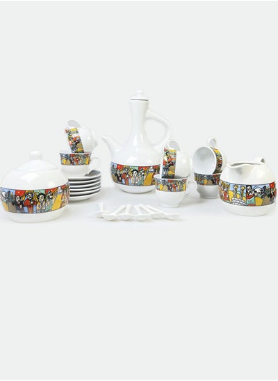 Buy Ethiopian/Eritrean Coffee Cups. Full set, 21 Pcs. Comes with 6 cups, 6 saucer, 6 ceramic spoons and sugar + milkpot. in UAE