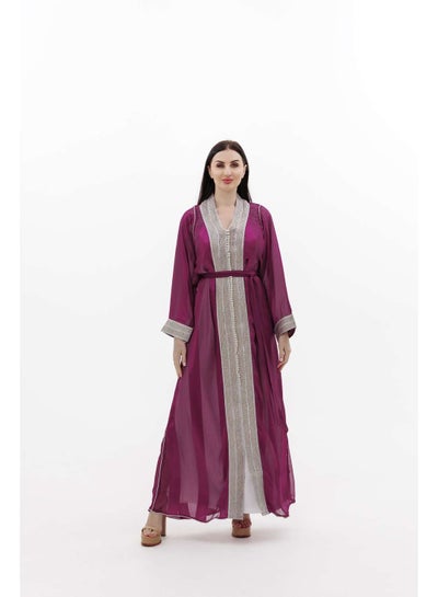 Buy LONG CLASSY SIMPLE MAGENTA PURPLE COLOUR FRONT LACE BUTTON LINING ARABIC KAFTAN JALABIYA DRESS in Saudi Arabia