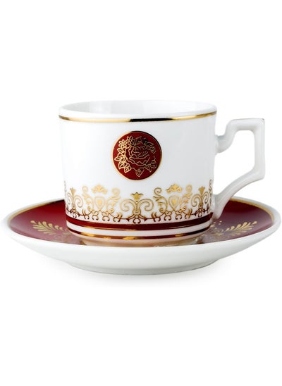 Buy Shallow Porcelain Ceramic 6-Piece 183Cc Tea Cup Set In White And Red - Elegant Porcelain Cups For Tea Lovers in UAE