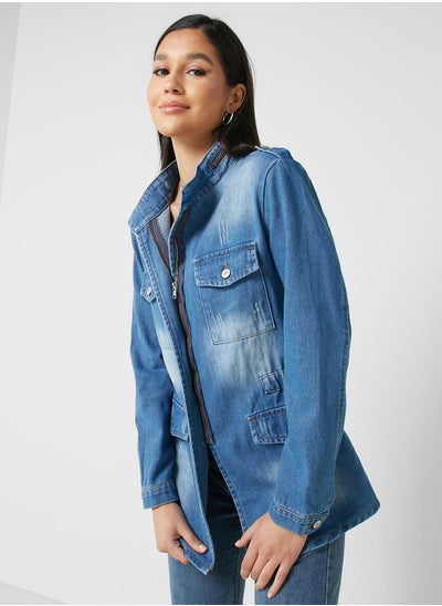 Buy Ruched Waist Denim Jacket in Saudi Arabia