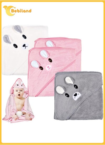 اشتري 3 Pieces Hooded Towel Baby, Baby Towel with Hood 80 X 80 Cm for Baby Bathing, Soft Super Absorbent, Cute Baby Hooded Towel with Pattern Unisex 0-5 Years (Pink/White/Grey) في السعودية