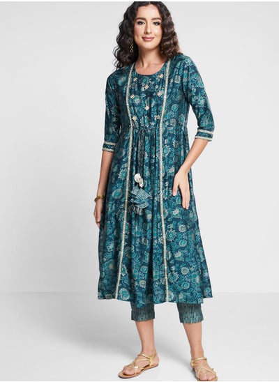 Buy Embroidery Detail Floral Print Kurti & Pants Set in UAE