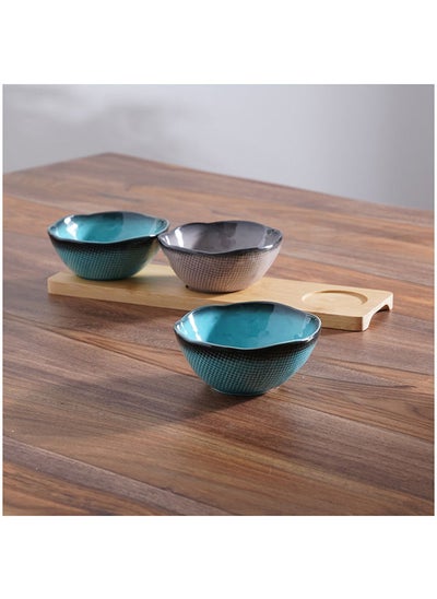 Buy Mauro 3 Piece Chip & Dip With Bamboo Tray 30X11X6Cm  Blue & Grey in UAE