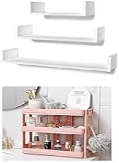 Buy STOREMIC U-Shaped Floating Mounted Shelves for Wall 50cm, 35cm, 25cm, Easy to Install White, Pack of 3 + Organizer and Storage Racks With 3 Shelves For Home - Pink in Egypt