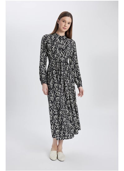 اشتري Woman Tiered Tipped Neck Long Sleeve Woven Dress في مصر