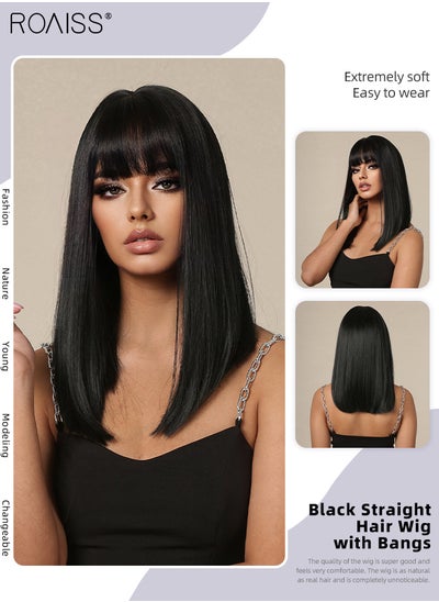 Buy Medium Length Straight Wig with Bangs for Women, Natural Soft Synthetic Heat Resistant Hair Wig for Wedding Cosplay Party Daily Wear, Black, 40cm (16 inches) in Saudi Arabia