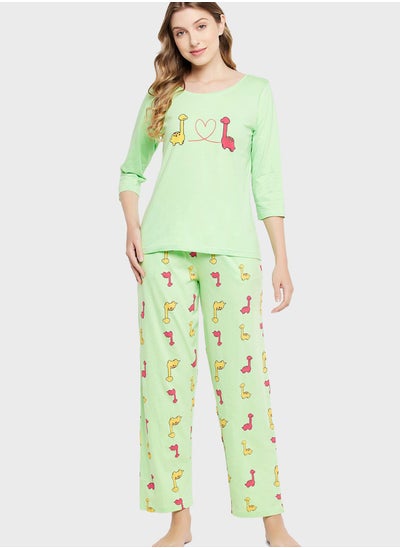 Buy Crew Neck Graphic Top & Printed Pyjama Set in UAE