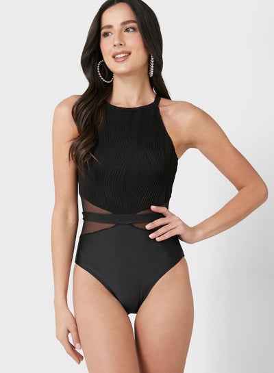 Buy Solid Swimsuit With Mesh Insert Detail in Saudi Arabia