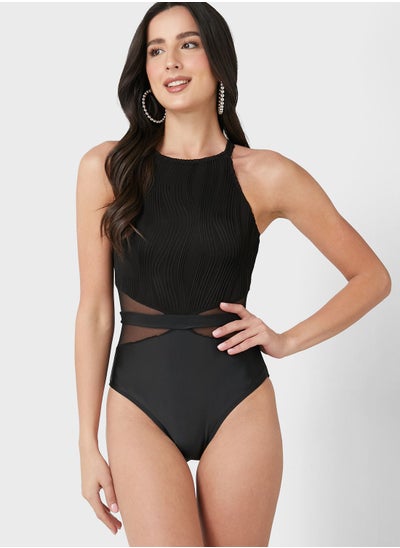 Buy Solid Swimsuit With Mesh Insert Detail in UAE