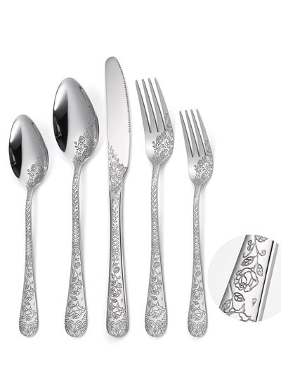 Buy Floral Silverware Set, 5 Silvery Flatware Stainless Steel with Delicate Engraved Rose Flower Embossed Design Complete Cutlery Utensils for Home Everyday Use Festival Parties in Saudi Arabia