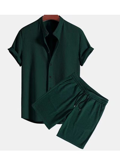 اشتري Summer 2024 Mens Solid Color Short Sleeve Shirt Set Dark green with pants في الامارات