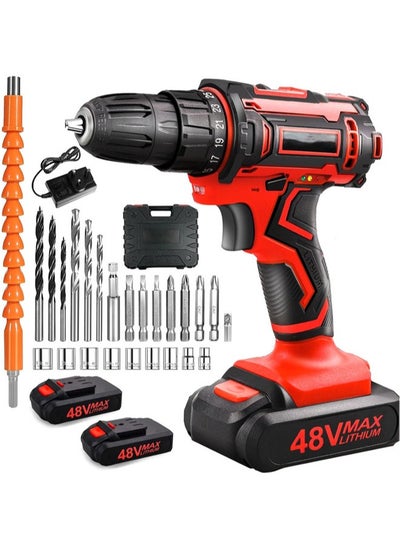 Buy 48V Cordless Drill Set Electric Drill with 2 Batteries and Charger Electric Screwdriver Power Drill Drivers with 2 Speed 25 +1 Torque Setting Built-in LED Light Storage Case Included(red) in Saudi Arabia