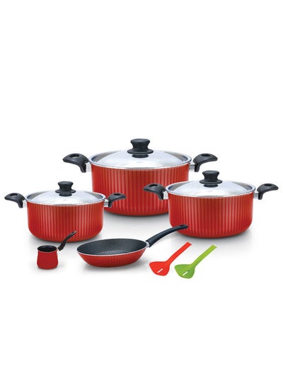 Buy 10-Piece Non-Stick Aluminum Cookware Set With Heat Resistant Handles Red, 20cm, 24cm, 26cm Pots With Stainless Steel Lid, 24cm Frypan, 10cm Coffee Warmer, 2pcs Silicon Utensils in Saudi Arabia