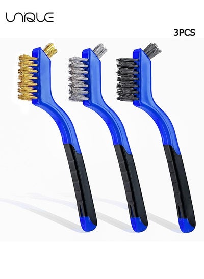 Buy 3-Piece Wire Brush Set - Nylon/Brass/Stainless Steel Bristles with Curved Handle Grip for Rust, Dirt & Paint Scrubbing with Deep Cleaning – 7 Inches (Blue) in UAE