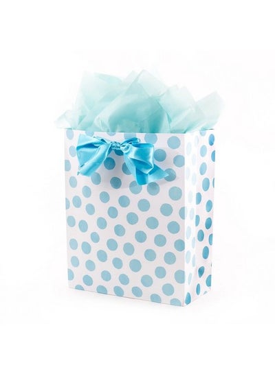 Buy 15" Extra Large Gift Bag With Tissue Paper Blue Polka Dots And Bow For Baby Showers Birthdays Bridal Showers And More in UAE