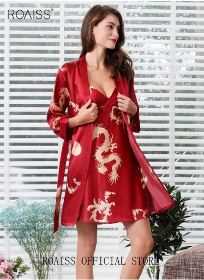 Buy Plus Size Slip Dress and Robe for Ladies Silk Dragon Pattern Pajamas Bathrobe gift for Girlfriend Wife Summer Loungewear Nightwear for Women in UAE