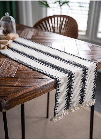 Buy 1-Piece Tassel Cotton Thread Stripe Stitching Braid Tablecloth Table Runner for Coffee Table Dining Table TV Cabinet Tablecloth Black/White 180 x 35 Centimeter in UAE