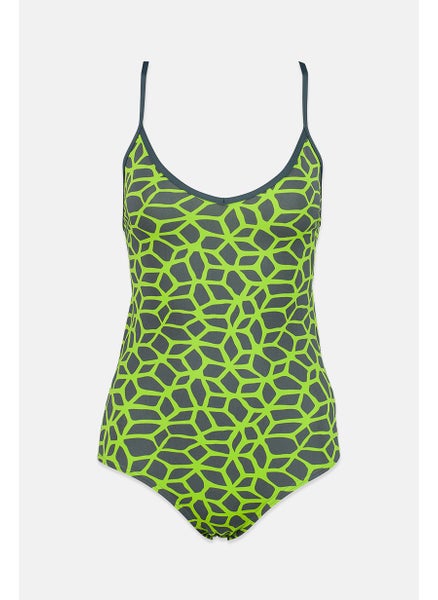 Buy Women All Over Print One Piece Swimwear, Lime Green and Grey in Saudi Arabia