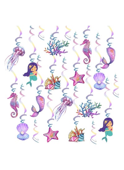 اشتري Mermaid Hanging Swirl Decorations, 20 PCS Double Sided Print Mermaid Themed Foil Swirls Dangling Ceiling Streamers Wall Decals for Kids Girls Birthday Baby Shower Under the Sea Party Supplies في الامارات