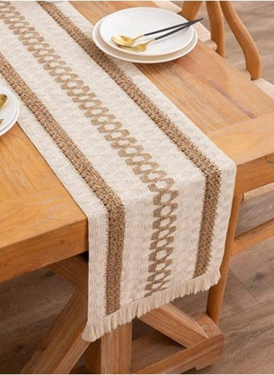 اشتري Rustic Linen Table Runner Long Embroidered with Hand Tassels for Party في السعودية