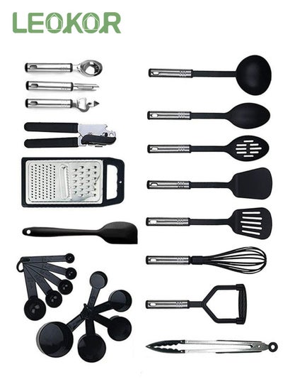 اشتري 24 Pieces Kitchen Cooking Utensil Set with Stainless Steel Holder Collection for Turner Tongs Spatula Spoon Brush Whisk في السعودية