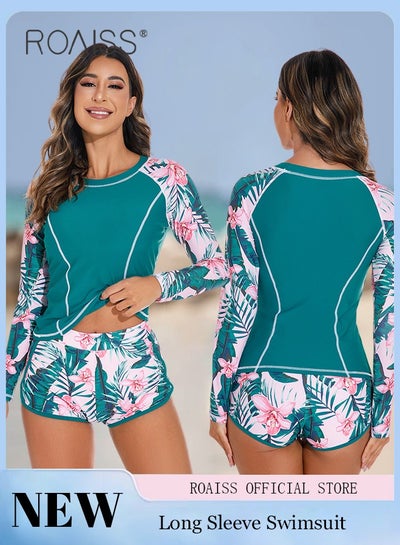 Buy Women 2 Piece Swimsuit with Side Tie Boxer Shorts Beach Suit Women Long Sleeved Sun Protection Surfing Wetsuit in Saudi Arabia