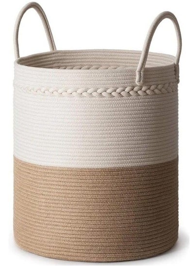 Buy Woven Laundry Basket Fordable Dirty Clothes Storage Basket for Bathroom Bedroom with Handle Handmade (White and Brown Decorated) in Saudi Arabia