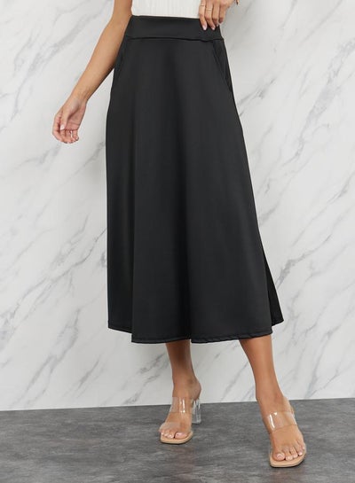 Buy Solid Elastic Waistband A-Line Midi Skirt with Pocket Detail in Saudi Arabia