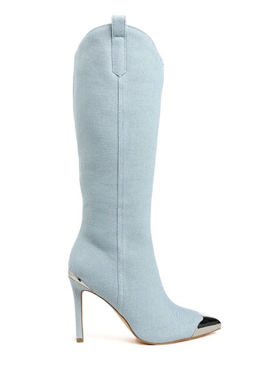 Buy Metallic Cap Toe Denim Boots in Blue in UAE