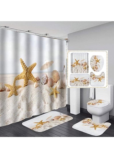 Buy 4 In 1 Beach Waterproof Shower Curtain Set Pedestal Rug Toilet Cover Bath Mat Bathroom Decor With 12 Hooks in UAE