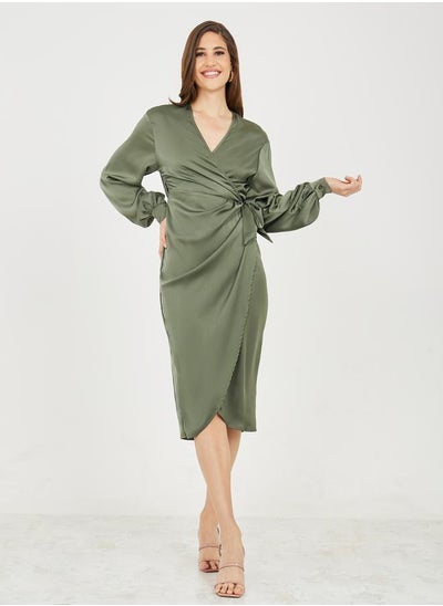 Buy Satin V Neck Wrap Midi Dress in Saudi Arabia