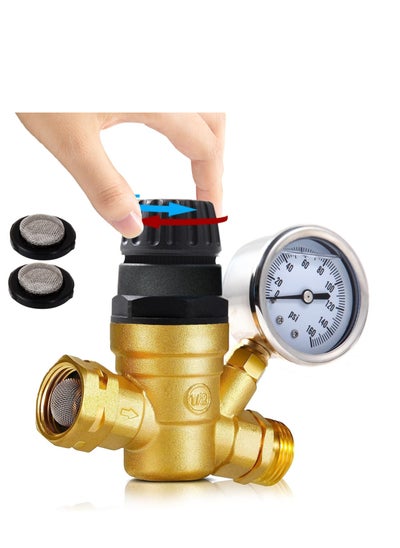 Buy Adjustable Handle RV Water Pressure Regulator, Upgraded Brass Lead-Free RV Water Pressure Regulator, with Gauge and 2 Inlet Screened Filters, Fit for RV Camper Travel Trailer in UAE