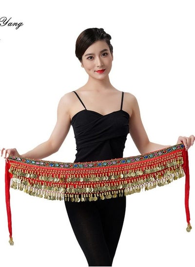 Buy Coins Pendant Diamond Waist Chain Skirt Belly Dance Tassel Waist Wrap Belt Skirts Party Rave Costume Red in UAE