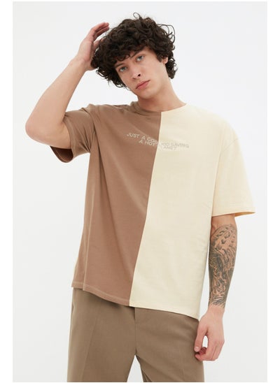 Buy Brown Men's Oversize Color Blocked  Embroidered T-Shirt in Egypt