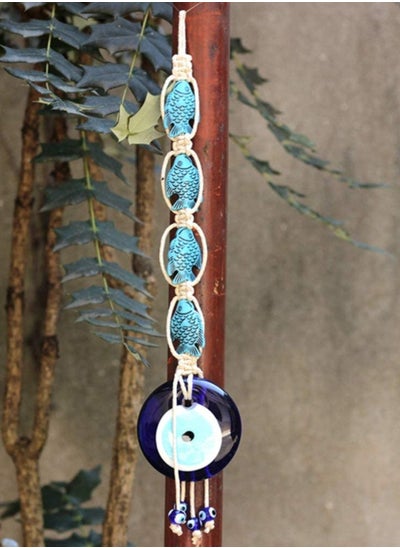 اشتري Turkish Blue Evil Eye Wall Hanging Ornament Lucky Fish Glass Nazar Beads Wall Decor Decorative Cotton Rope Beads Garland Pendant Wall Art for Home Office Protection في الامارات